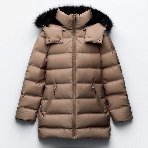 Zara KHAKI LONGLINE HOODED QUILTED JACKET - Picture 4 of 16